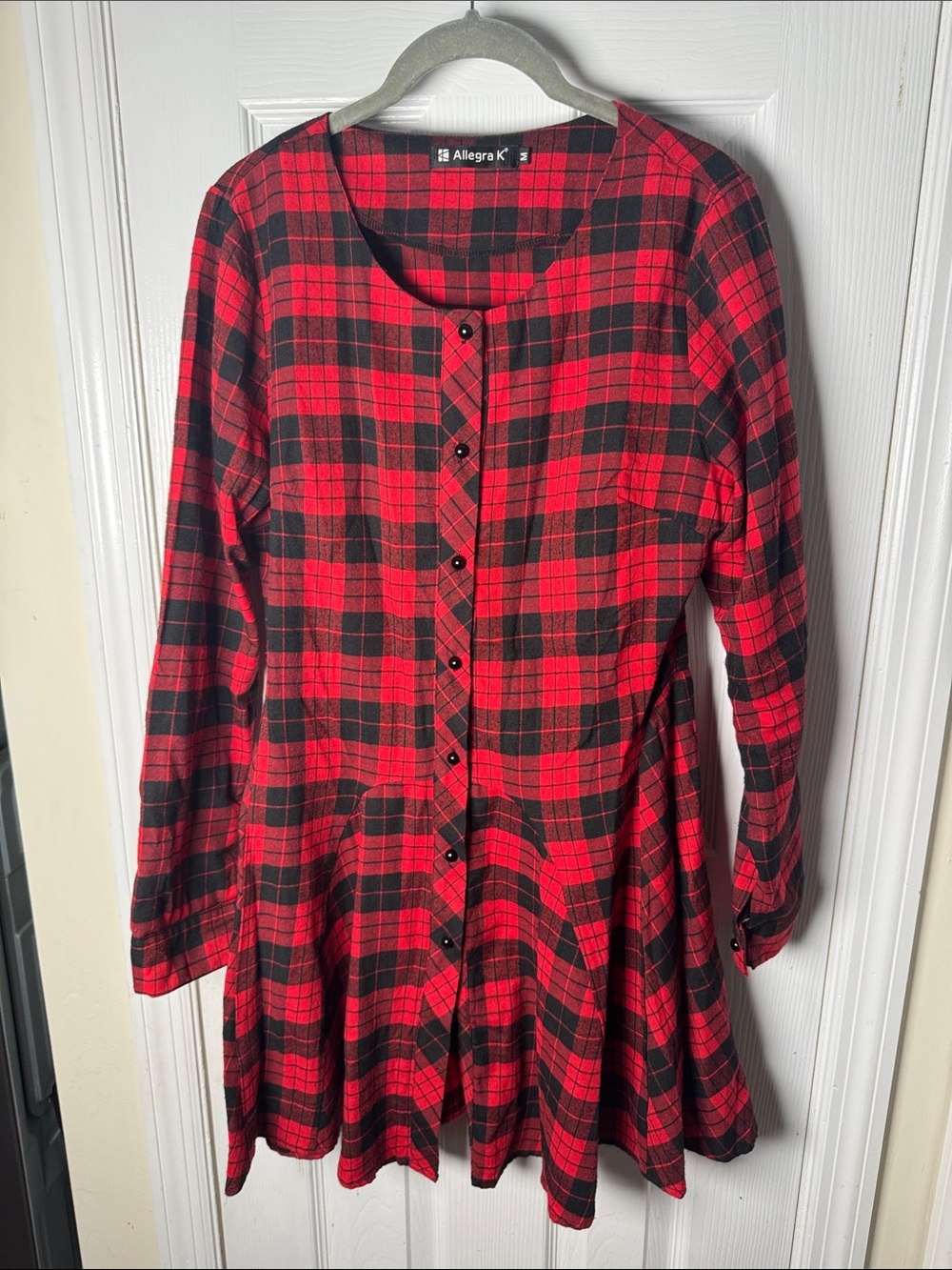 Allegra K Red & Black Plaid Button-Front Flared Tunic